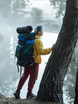Hiker resting beside a tree on a mountain trail
